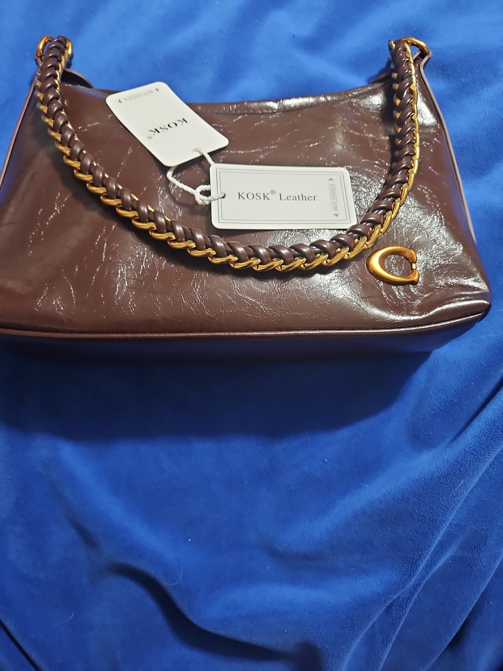 Women's Dark Brown Shoulder Bag with Gold Chain Handle Made By KOSK